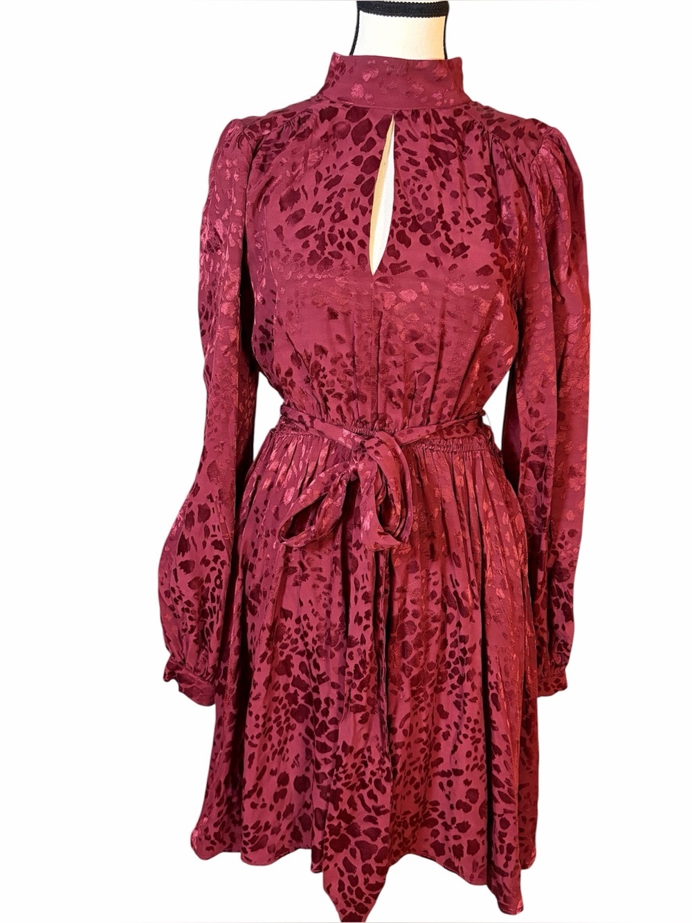 Anthropologie Jacquard Mini Dress Wine Red Women’s Size Small Leopard Print NWT